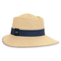 Front three-quarter studio view of woven Sun N Sand tapered flat top hat with navy grosgrain band and metal plaque.