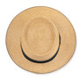 Front three-quarter studio view of Sun N Sand flat top hat featuring coarse tan weave, black grosgrain band and metal plaque