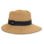 Front three-quarter studio view of Sun N Sand flat top hat featuring coarse tan weave, black grosgrain band and metal plaque