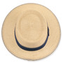 Front three-quarter studio view of woven Sun N Sand tapered flat top hat with navy grosgrain band and metal plaque.