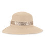 Three-quarter studio view of Sun N Sand HH3488 tan ribbed sun hat featuring a metallic gold sequined band and logo.