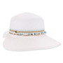 Three-quarter studio view of Sun N Sand HH3490 white ribbed sun hat featuring a tan beaded band with blue accents.