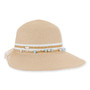 Three-quarter studio view of Sun N Sand HH3490 tan ribbed sun hat featuring a white beaded band with turquoise accents.