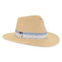 Three-quarter studio view of Sun N Sand HH3492 tan safari hat featuring blue embroidered leaf band and metallic brand hardware.