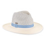 Three-quarter studio view of Sun N Sand HH3493 white safari hat featuring blue scalloped fabric band and textured woven crown.