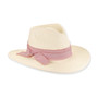 Three-quarter studio view of Sun N Sand HH3503 cream safari hat featuring a frayed light blue ribbon band and bow.