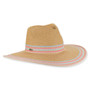 Three-quarter studio view of Sun N Sand HH3505 tan safari hat featuring pastel rainbow striped crown band and matching bound brim.