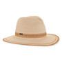 Three-quarter studio view of Sun N Sand HH3506 tan safari hat featuring a metallic gold chain band and matching hardware.