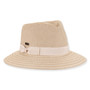 Three-quarter studio view of Sun N Sand HH3519 tan fedora featuring a matching tan grosgrain ribbon bow and metallic logo.