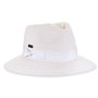 Three-quarter studio view of Sun N Sand HH3519 white fedora featuring a matching white grosgrain ribbon bow and metallic logo.