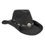 Three-quarter studio view of Sun N Sand HH3521 black western hat featuring a turquoise concho silver chain link band.