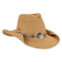 Three-quarter studio view of Sun N Sand HH3521 tab western hat featuring a black geometric embroidered band and metallic logo.