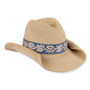 Three-quarter studio view of Sun N Sand HH3522 tan western hat featuring a blue embroidered floral crown band and metallic logo.