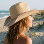Product studio shot of the Sun N Sand HH3523 Women’s Western Hat in natural-toned woven straw, featuring a vibrant multi-color twisted hatband and a frayed-edge upturned brim for an adjustable fit and UPF 50+ sun protection.