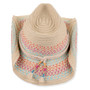 Three-quarter studio view of Sun N Sand HH3528 tan western hat featuring pink and blue cross-stitch patterns and thick rope band.
