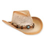 Three-quarter studio view of Sun N Sand HH3534 tan western hat featuring multi-tonal woven straw, beaded turquoise band, and wood accents.
