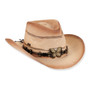 Three-quarter studio view of Sun N Sand HH3536 tan western hat featuring a bronze butterfly concho, black beads, and cattleman crown.