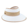 White woven straw visor with tan trim, textured band, and gold logo detail