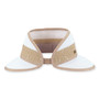 White straw visor with beige trim, woven texture band, and discreet metal logo