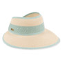 Textured straw sun visor with blue trim and adjustable strap, wide brim, front view, neutral stripes.