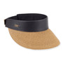 Woven straw brim visor with black leather band and gold buckle detail, isolated front view