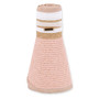 Three-quarter studio view of Sun N Sand HH3555 pink straw rollup visor featuring a striped crown and tan fabric binding.
