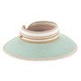 Three-quarter studio view of Sun N Sand HH3556 mint green straw rollup visor featuring a striped crown and tan fabric binding.