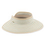 Three-quarter studio view of Sun N Sand light striped straw rollup visor featuring tan fabric binding and metallic logo.