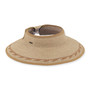 Three-quarter studio view of Sun N Sand HH3557 tan straw rollup visor featuring a braided brim detail and tan fabric binding