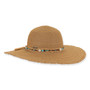 Three-quarter studio view of Sun N Sand brown floppy hat featuring a beaded turquoise band, frayed edges, and straw tassels.
