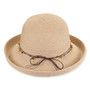 Three-quarter studio view of Sun N Sand HH3559 tan metallic lurex up-brim hat featuring a delicate multi-colored beaded cord band.