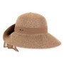 Light brown woven sun hat with wide brim, rounded crown, brown bow band and small metal tag shown in clear front angled view.