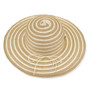 Beige and white striped woven bucket hat with rounded crown, wide brim, seashell bead band and small metal tag shown in front angled view.