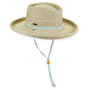 Beige woven gambler hat with wide brim, rounded crown, decorative woven band and blue chin strap with wooden bead in front angled view