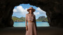 Lifestyle profile portrait of the Sun N Sand HH3581 Women’s Gambler Hat in a natural-toned woven straw, featuring a thin decorative beaded hatband with a side metallic brand plate and a structured flat crown with a wide, slightly upturned brim for an