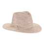 Beige woven safari hat with wide brim, pinched crown, thin bow band and small metal tag shown in clear front angled view