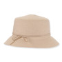 Beige woven bucket hat with rounded crown, floppy brim, thin bow band, adjustable design, UPF 50+, shown in clear front angled view.