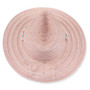 Front view of pink Sun N Sand HH3606 safari hat featuring open-weave texture, seashell beaded band, and silver logo hardware.