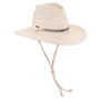 Three-quarter view of ivory Sun N Sand HH3608 safari hat featuring braided straw, textured metallic band, and beaded chin strap.