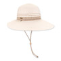 Front view of ivory Sun N Sand HH3615 A tapered bucket hat featuring interwoven straw, adjustable chin strap, and metal logo hardware