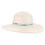 Three-quarter view of ivory Sun N Sand HH3619 A floppy hat featuring fine-braided straw, aquamarine rhinestone band, and silver hardware