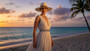 Lifestyle portrait of the Sun N Sand HH3627 A Women’s Safari Hat in a crisp white woven fabric, featuring a contrasting tan leather-style hatband with a side metallic brand plate and a wide, structured flat brim with a pinched crown for an adjustable fit