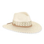 Three-quarter profile view of a cream-colored woven straw safari hat featuring a pinched crown, geometric-patterned band, and gold metal logo.