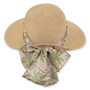 Wide-brimmed straw sun hat, textured weave, decorative palm print ribbon bow, feminine shape.