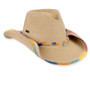 Three-quarter profile view of a tan paperbraid western hat featuring a pinched crown, multi-colored stone band, and rainbow-stitched brim.