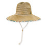 Wide-brimmed woven straw sun hat, natural texture, decorative brim detail, adjustable chin strap