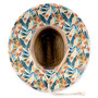 under brim view wide-brimmed straw hat with a tropical floral leaf print and adjustable chin strap.