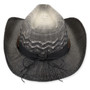 Woven straw cowboy hat, gray gradient, black band, decorative zig-zag trim,