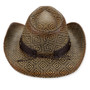Woven patterned cowboy hat, diamond design, dark ribbon band with metal studs, wide brim, front view, textured straw material.