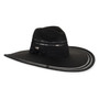 Front angled view of black wide brim cowboy hat with curved crown, decorative crown band, and contrasting white stitched brim edge for UPF sun protection.